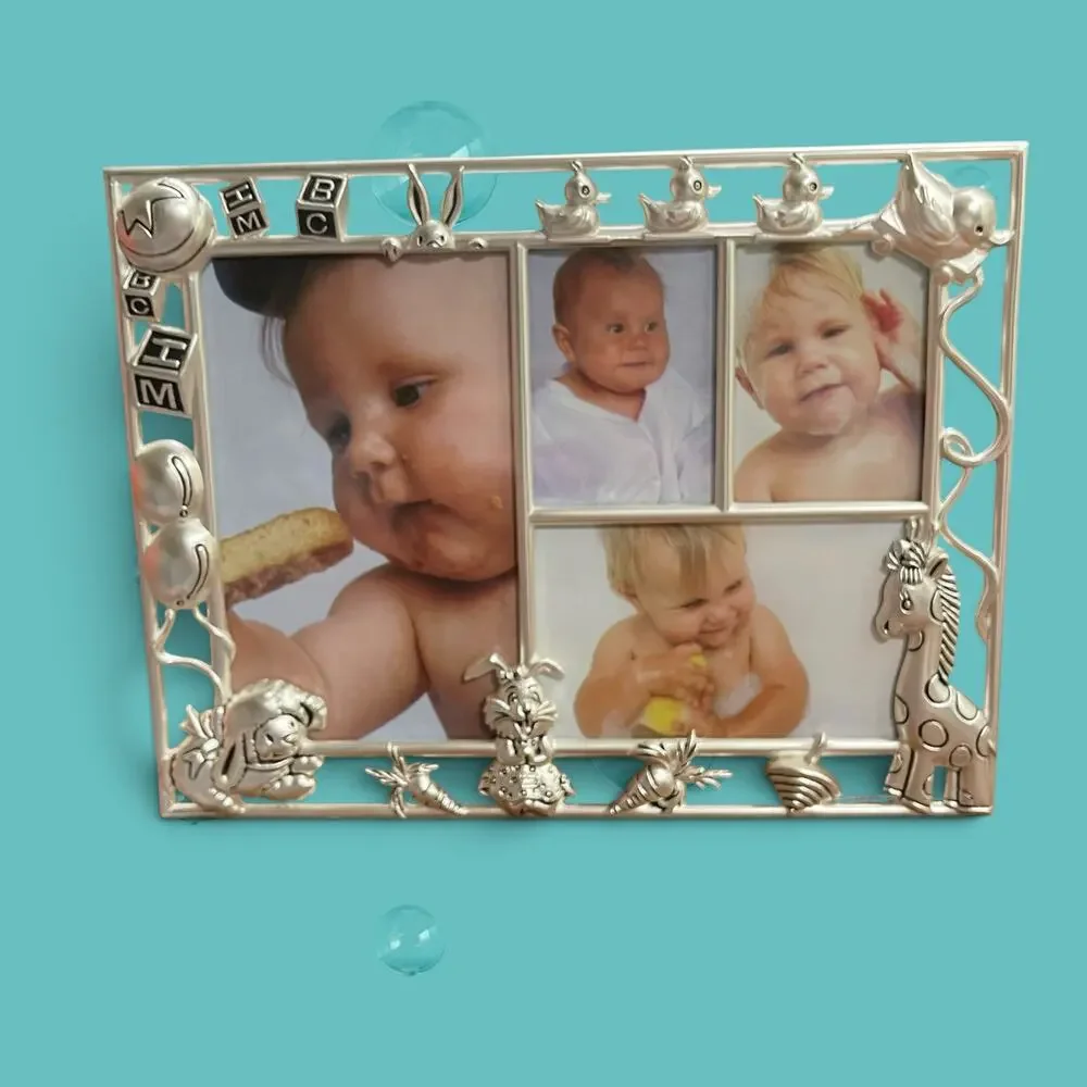 NIB Vtg. Baby Collage Picture Frame Silver Metal Nursery Duck Bunny Giraffe Lamb